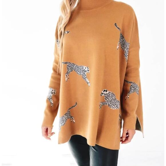 Entro Cheetah Print Mock Neck Oversized Cozy Knit Sweater Tan Drop Shoulder M - Picture 1 of 15